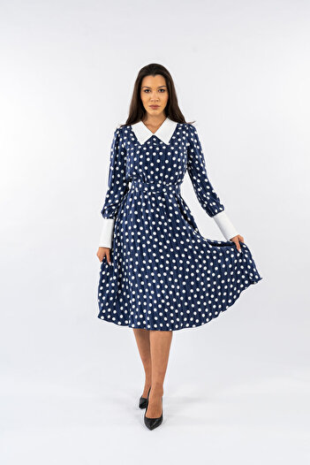 Gorgeaux Rochie Albastra cu Buline Albe Nada - L(40)
