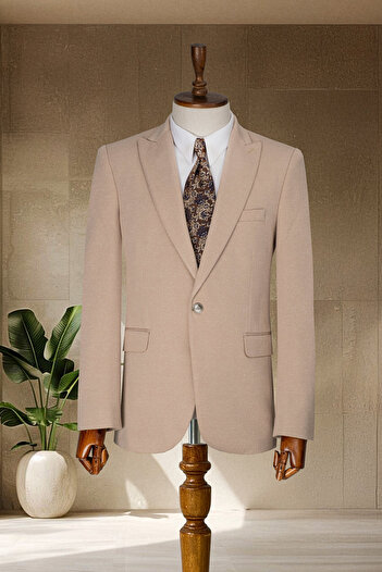 MODA DİNA Kahve Köpüğü Dokulu İtalyan Stil Slim Fit Erkek Blazer Ceket