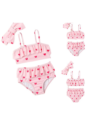 Petityu Cute Girl's Bikini with Pink Red Heart Patterned Headband