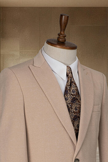 MODA DİNA Kahve Köpüğü Dokulu İtalyan Stil Slim Fit Erkek Blazer Ceket