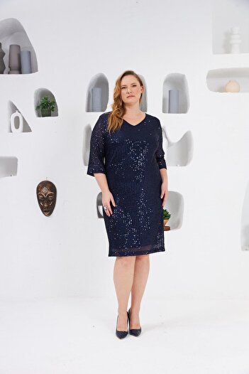 RMG Sequin Sequined Plus Size Evening Dress Navy Blue