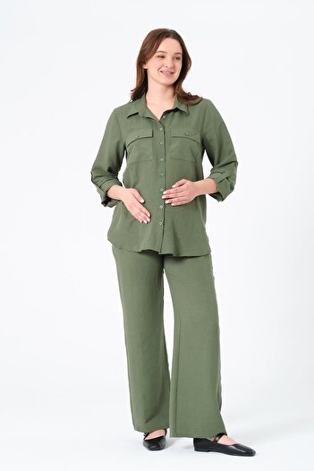 BUSA Maternity Loose Wide Leg Adjustable Waist Shirt Suit Khaki