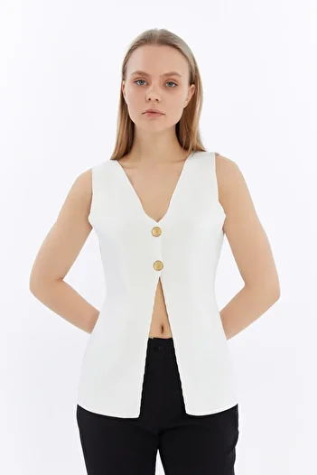 MA ananas Women's White V-Neck Double Button Vest