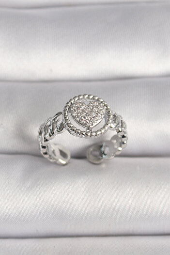 Skygo Brass Silver Color Chain Model Zircon Stone Heart Model Women's Ring - Tj-Byk3587