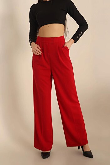 dk denemekabini Women's High Waist Palazzo Pants with Velcro Closure - Red