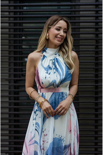 Afiş Butik Cream Halter Neck Blue Patterned Zero Sleeve Waist Fitted Maxi Dress
