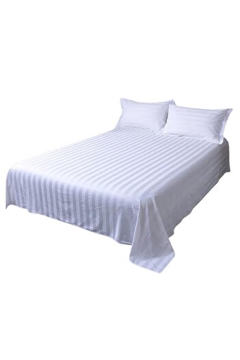 Kotonia Home Kotonia Home Hotel Damask Satin Bed Sheet with 1 cm Stripes, 100% Cotton, White, 180x240 cm