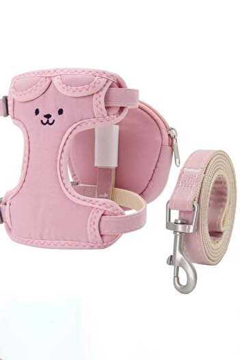 TAKIŞTIR Pembe Renk Ayıcık Figürlü Çanta Detaylı Bel Göğüs Ayarlanabilir Kedi/Köpek Tasma