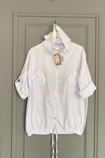 Bİ.GİYSEN Women's White Large Size Back Butterfly Embroidered Sleeve Fold Cotton Linen Fabric Shirt Jacket