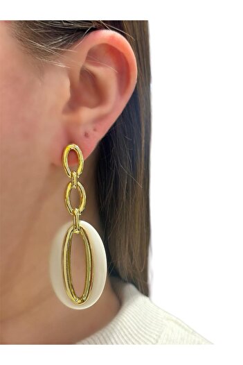 MyladyAccessoriess Özel Tasarım Zincir Detaylı Sedef Akrilik Oval Sallantılı Küpe