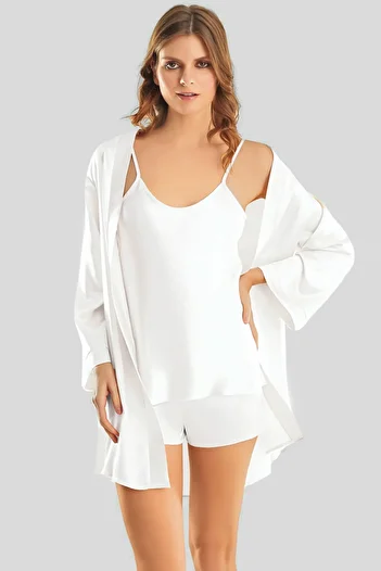 Trendyol Collection White 3 Pack Dowry Set Satin Woven Dressing Gown + Pajamas Set Thmss25Pt00415