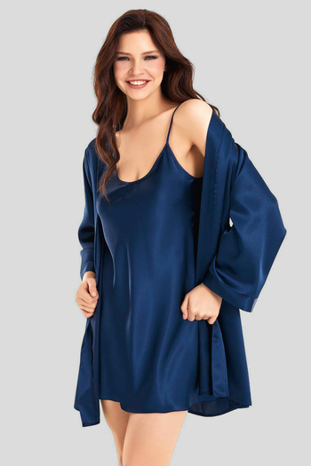 Trendyol Collection Sötétkék hozomány szett 2 csomag szatén szőtt pongyola + hálóing THMSS25GC00028