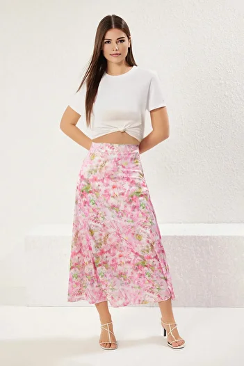 Trendyol Collection Satin A-Line Midi Skirt - Multicolor and Tie-Dye Floral Print Twoss25Et00034