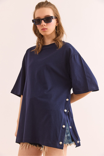 Olalook Women's Navy Blue Buttoned Cotton T-Shirt Tsh- 19000762