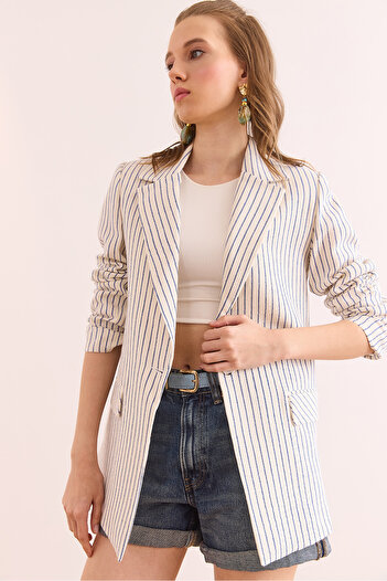 Olalook Kadın Mavi Müslin Çizgili Astarlı Blazer Ceket CKT-19000438