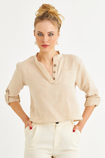 Cool & Sexy Women's Vanilla Buttoned Linen Shirt Blouse Bth17