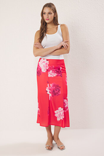 Trendyol Collection Red Large Flower Patterned Maxi Length Woven Skirt Twoss23Et00124