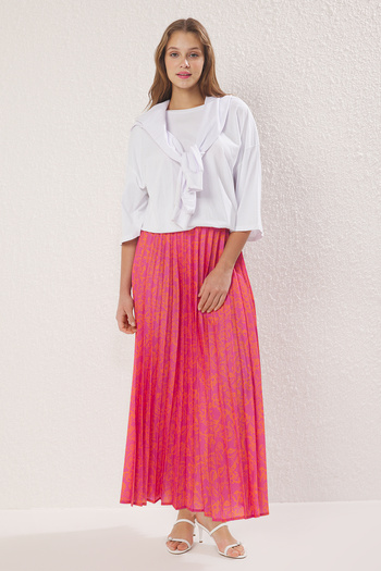 Trendyol Modest Pink Floral Patterned Pleated Woven Skirt with Elastic Waist Tctss23Ee00018
