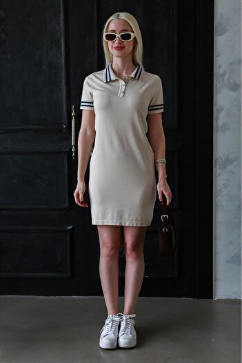 Madmext Beige Polo Neck Stripe Detailed Women's Dress Mg2344