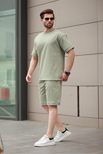 Madmext Mint Green Printed 100% Cotton Men's Shorts T-Shirt Set E7312