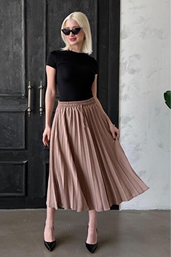 Madmext Pleated Midi Length Skirt - Camel Model: Mg2393