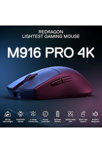 REDRAGON ماوس الألعاب اللاسلكي فائق الخفة M916 Pro (26 ألف نقطة في البوصة)