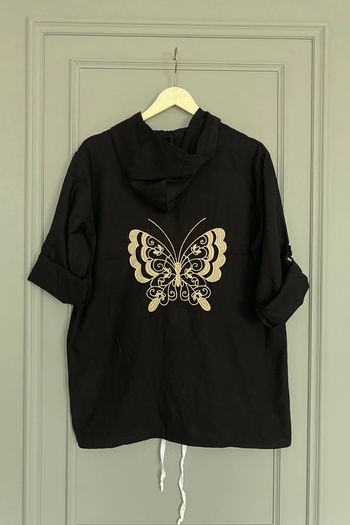 Bİ.GİYSEN Women's Black Large Size Back Butterfly Embroidered Sleeve Fold Cotton Linen Fabric Shirt Jacket