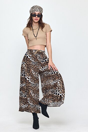 AYASOFYA OTANTIK Women's Leopard Patterned Elastic Waist Wide Leg Pocket Viscose Trousers