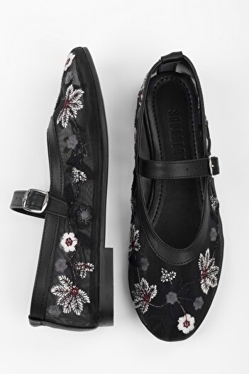 Shoeberry Women's Floral Black Mesh Ballerinas