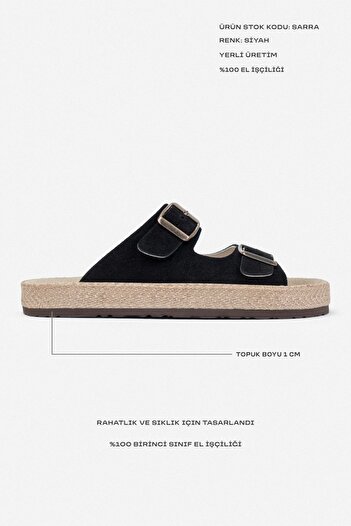 NİŞANTAŞI SHOES Γυναικείες παντόφλες Sarrah Black Γνήσιες Suede με διπλή πόρπη με λεπτομέρεια επίπεδη σόλα