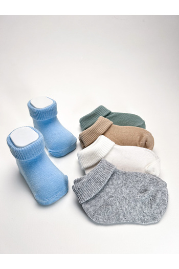 Akface Organic Cotton -Terletmez- Plain Curled Newborn Girl Boy and Child Socks Set of 5