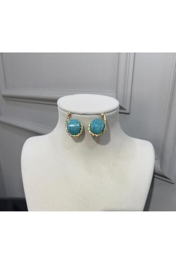 Store Doğal Turkuaz Taşlı Gold Detaylı Küpe