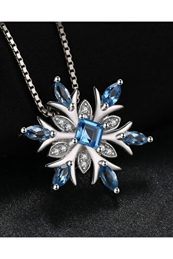 Brezza Lusso Jewelry Aquamarin Taşlı Özel Tasarım Kar Tanesi Kadın Gümüş Kolye