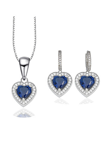 Brezza Lusso Jewelry Diamond  Model Lusso Elegant Sapphire Heart Kadın Kolye Küpe Seti