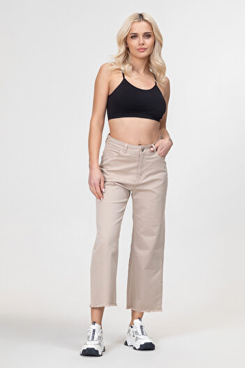 Bold & Young Women's Wide Leg Five Pocket Leg Fringed Lycra Cotton Trousers