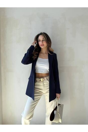 ENZOI Navy Blue Double Breasted Collar Buttoned Blazer Jacket