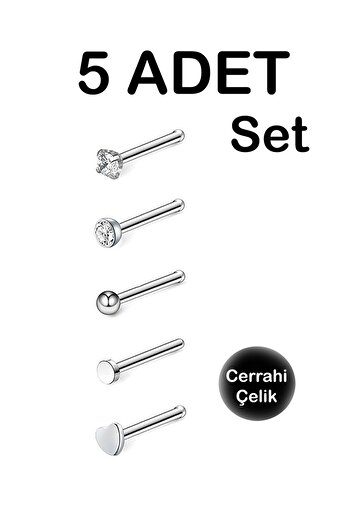 MORNEVA Cerrahi Çelik | Taşlı, Kalpli, Taşsız Minimal Burun Piercingi Hızma Set (5 Adet)