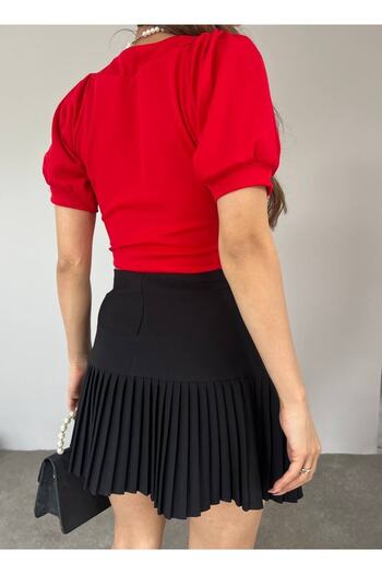 hiraz fashion Women's Red Balloon Sleeve V-Neck Blouse