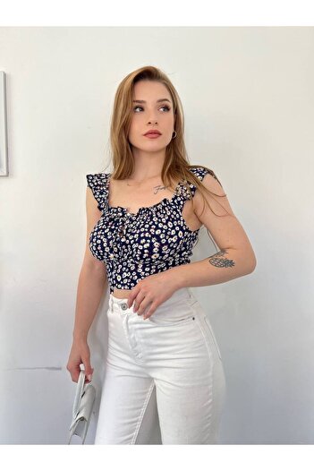 hiraz fashion Women's Blue Floral Patterned Mini Crop