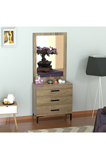 Mahmayi Dresser with Large Vanity Mirror and 3 Storage Drawers - Vintage Santa Fe Oak