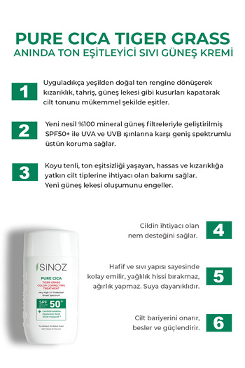 SİNOZ Pure Cica Face Care Cream - Okamžité vyrovnání tónu a oprava, Minerální sluneční filtr nové generace Spf50