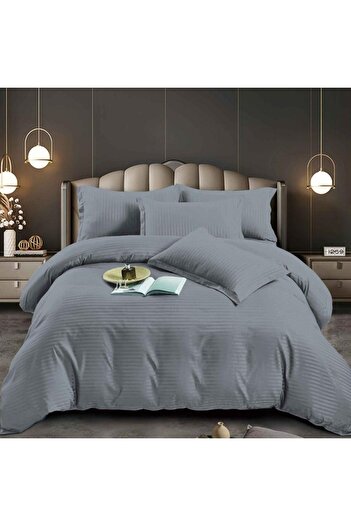 Pucioasa Double bed linen in polycotton damask, 6 pieces, grey