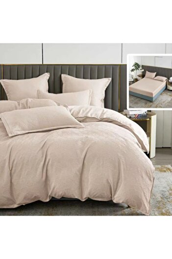 Pucioasa Baroque nature double bed linen with elastic, 6 pieces, polycotton, Beige