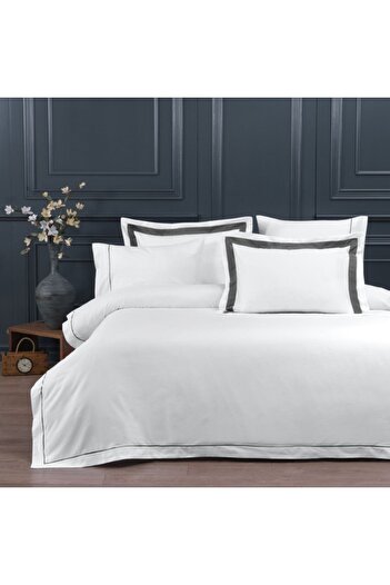 LAROMANO King Egyptian Cotton Bed Linen with Embroidery, Silk Satin, Perry Steel Grey (white-grey)
