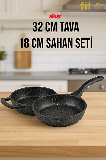 FİTHOME 32 cm Granite Pan and 18 cm Granite Pan Set - Non-Stick, Healthy and Durable Kitchenware