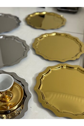 SEVA ÇELİK Gold and Silver Round Wavy 6 Piece Service and Presentation Tray