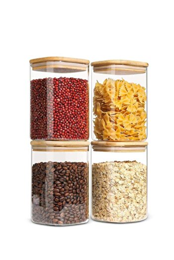 COOYA 4-piece airtight glass storage jar,800 ml,square,with wooden lid,for storing cereals and spices