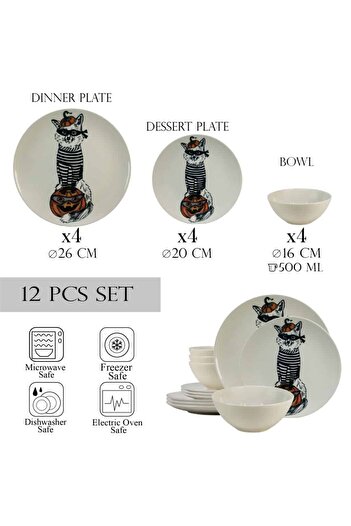 Cesiro 12-piece plate set, for 4 people, Robber Cat, Cesiro, Ivory White with Cat
