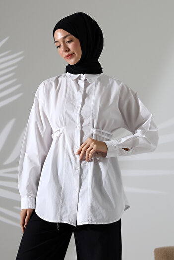 Mihran Butik Cămașă albă Hijab din țesătură popelină din bumbac 100% pentru femei