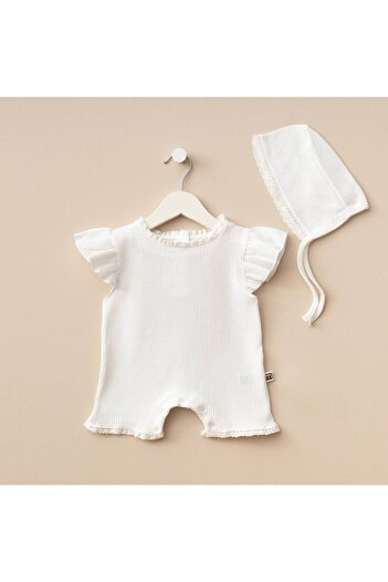Minimus Newborn Baby Girl Summer Lora Hat Waffle Liona Jumpsuit Set Short Sleeve Baby Suit Ecru